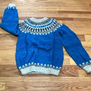 Handsome Blue Norwegian Designed Crewneck Sweater HandKnit Homespun 100%!Wool.